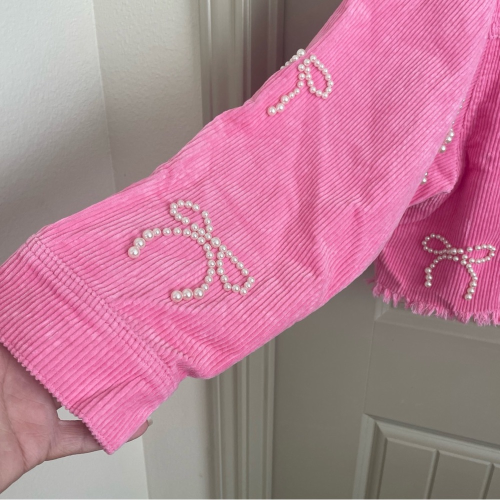 Peach Love California Pink Corduroy Bomber Jacket with Pearl Embellishments - Picture 4 of 8